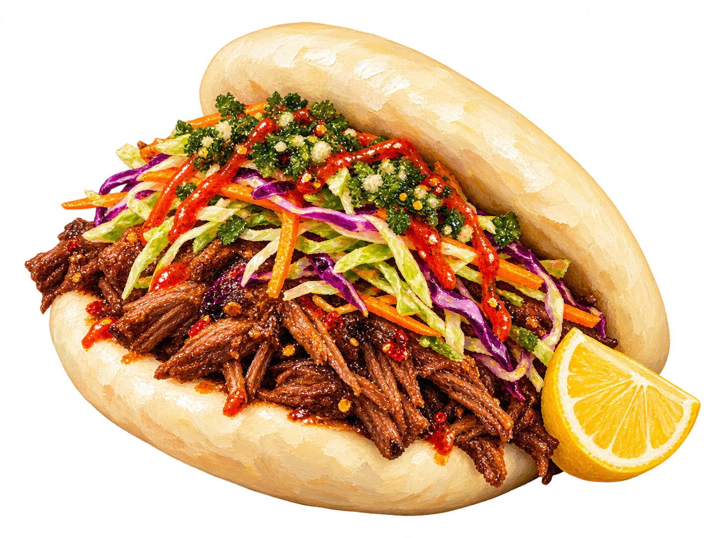 An illustrated Kudu Bao: folded steamed bread filled with game meat, slaw and Mimi’s sauces, with lemon alongside