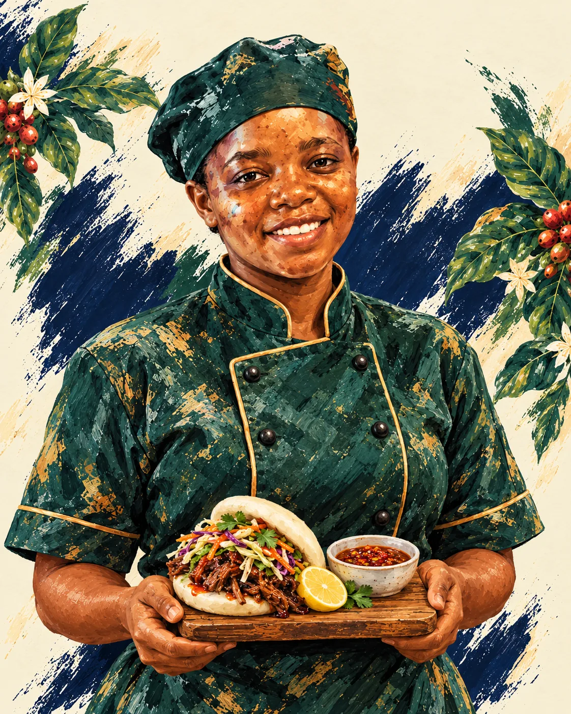 Painted portrait of Mimi, smiling in her green-and-gold chef’s jacket and headwrap, holding her Kudu Bao and spice sauce.